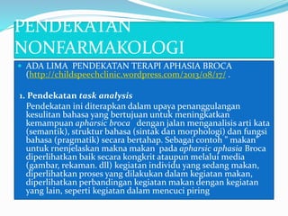 PENDEKATAN
NONFARMAKOLOGI
 ADA LIMA PENDEKATAN TERAPI APHASIA BROCA
(http://childspeechclinic.wordpress.com/2013/08/17/ .
1. Pendekatan task analysis
Pendekatan ini diterapkan dalam upaya penanggulangan
kesulitan bahasa yang bertujuan untuk meningkatkan
kemampuan apharsic broca dengan jalan menganalisis arti kata
(semantik), struktur bahasa (sintak dan morphologi) dan fungsi
bahasa (pragmatik) secara bertahap. Sebagai contoh ” makan”
untuk rnenjelaskan makna makan pada apharsic aphasia Broca
diperlihatkan baik secara kongkrit ataupun melalui media
(gambar, rekaman. dll) kegiatan individu yang sedang makan,
diperlihatkan proses yang dilakukan dalam kegiatan makan,
diperlihatkan perbandingan kegiatan makan dengan kegiatan
yang lain, seperti kegiatan dalam mencuci piring
 