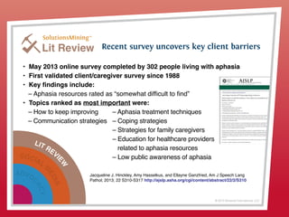 LIT REVI
EW
SOCIAL
M
EDIA
ADVOC
ACY
© 2013 Griswold International, LLC
Lit Review
• May 2013 online survey completed by 302 people living with aphasia
• First validated client/caregiver survey since 1988
• Key findings include:
– Aphasia resources rated as “somewhat difficult to find”
• Topics ranked as most important were:
– How to keep improving
– Communication strategies
– Aphasia treatment techniques
– Coping strategies
– Strategies for family caregivers
– Education for healthcare providers
related to aphasia resources
– Low public awareness of aphasia
Jacqueline J. Hinckley, Amy Hasselkus, and Ellayne Ganzfried, Am J Speech Lang
Pathol; 2013; 22 S310-S317 http://ajslp.asha.org/cgi/content/abstract/22/2/S310
Recent survey uncovers key client barriers
 