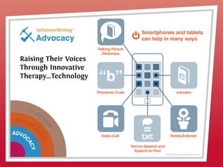 LIT REVI
EW
SOCIAL
M
EDIA
ADVOC
ACY
Advocacy
© 2013 Griswold International, LLC
Talking Picture
Dictionary
Phonemic Cues
Text-to-Speech and
Speech-to-Text
e-books
Smartphones and tablets
can help in many ways
Hobby/InterestVideo Call
Raising Their Voices
Through Innovative
Therapy…Technology
 