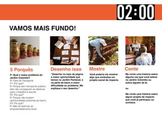 VAMOS MAIS FUNDO!
5 Porquês
P: Qual o maior problema do
Jardim Colombo?
R: Falta de Transporte 
P1: Por que?
R: Porque sem transporte público
eles não conseguem se deslocar
para o trabalho e escola.
P2: Por que?
R: Porque não existem
oportunidades próximas ao bairro.
P3: Por que?
R: Não há estimulo ao
empreendedorismo local.
Desenho isso
“Desenhe no topo da página
a maior oportunidade que
temos no Jardim Pantanal, e
na parte de baixo a maior
diﬁculdade ou problema. Me
explique o seu desenho.”
Mostre
Você poderia me mostrar
algo que simboliza um
projeto social de impacto.
Conte
Me conte uma história sobre
alguma vez que você esteve
no Jardim Colombo ou
sobre alguém de lá.
ou
Me conte uma história sobre
algum projeto de impacto
que você já participou ou
conhece.
 