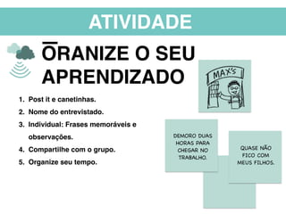 ATIVIDADE
ORANIZE O SEU
APRENDIZADO
1. Post it e canetinhas.
2. Nome do entrevistado.
3. Individual: Frases memoráveis e
observações.
4. Compartilhe com o grupo.
5. Organize seu tempo.
DEMORO DUAS
HORAS PARA
CHEGAR NO
TRABALHO.
QUASE NÃO
FICO COM
MEUS FILHOS.
 