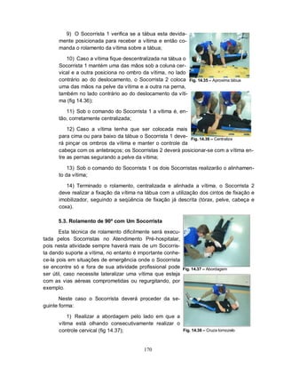 170
9) O Socorrista 1 verifica se a tábua esta devida-
mente posicionada para receber a vítima e então co-
manda o rolamento da vítima sobre a tábua;
10) Caso a vítima fique descentralizada na tábua o
Socorrista 1 mantém uma das mãos sob a coluna cer-
vical e a outra posiciona no ombro da vítima, no lado
contrário ao do deslocamento, o Socorrista 2 coloca
uma das mãos na pelve da vítima e a outra na perna,
também no lado contrário ao do deslocamento da víti-
ma (fig 14.36);
11) Sob o comando do Socorrista 1 a vítima é, en-
tão, corretamente centralizada;
12) Caso a vítima tenha que ser colocada mais
para cima ou para baixo da tábua o Socorrista 1 deve-
rá pinçar os ombros da vítima e manter o controle da
Fig. 14.35 – Aproxima tábua
Fig. 14.36 – Centraliza
cabeça com os antebraços; os Socorristas 2 deverá posicionar-se com a vítima en-
tre as pernas segurando a pelve da vítima;
13) Sob o comando do Socorrista 1 os dois Socorristas realizarão o alinhamen-
to da vítima;
14) Terminado o rolamento, centralizada e alinhada a vítima, o Socorrista 2
deve realizar a fixação da vítima na tábua com a utilização dos cintos de fixação e
imobilizador, seguindo a seqüência de fixação já descrita (tórax, pelve, cabeça e
coxa).
5.3. Rolamento de 90º com Um Socorrista
Esta técnica de rolamento dificilmente será execu-
tada pelos Socorristas no Atendimento Pré-hospitalar,
pois nesta atividade sempre haverá mais de um Socorris-
ta dando suporte a vítima, no entanto é importante conhe-
ce-la pois em situações de emergência onde o Socorrista
se encontre só e fora de sua atividade profissional pode
ser útil, caso necessite lateralizar uma vítima que esteja
com as vias aéreas comprometidas ou regurgitando, por
exemplo.
Neste caso o Socorrista deverá proceder da se-
guinte forma:
1) Realizar a abordagem pelo lado em que a
vítima está olhando consecutivamente realizar o
controle cervical (fig 14.37);
Fig. 14.37 – Abordagem
Fig. 14.38 – Cruza tornozelo
 