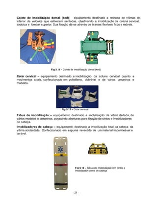 - 24 -
Colete de imobilização dorsal (ked)- equipamento destinado a retirada de vítimas do
interior de veículos que estiverem sentadas, objetivando a imobilização da coluna cervical,
torácica e lombar superior. Sua fixação dá-se através de tirantes flexíveis fixos e móveis.
Fig 5.11 – Colete de imobilização dorsal (ked)
Colar cervical – equipamento destinado a imobilização da coluna cervical quanto a
movimentos axiais, confeccionado em polietileno, dobrável e de vários tamanhos e
modelos.
Fig 5.12 – Colar cervical
Tabua de imobilização – equipamento destinado a imobilização da vítima deitada, de
vários modelos e tamanhos, possuindo aberturas para fixação de cintos e imobilizadores
de cabeça.
Imobilizadores de cabeça – equipamento destinado a imobilização total da cabeça da
vítima acidentada. Confeccionado em espuma revestida de um material impermeável e
lavável.
Fig 5.13 – Tabua de imobilização com cintos e
imobilizador lateral de cabeça
 