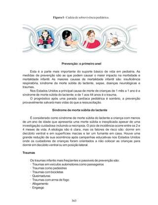 363
Figura I - Cadeia de sobrevivência pediátrica.
Prevenção: o primeiro anel
Esta é a parte mais importante do suporte básico de vida em pediatria. As
medidas de prevenção são as que podem causar o maior impacto na morbidade e
mortalidade infantil. As maiores causas de mortalidade infantil são: insuficiência
respiratória, síndrome da morte súbita do lactente, sepse, doenças neurológicas e
traumas.
Nos Estados Unidos a principal causa de morte de crianças de 1 mês a 1 ano é a
síndrome de morte súbita do lactente; e de 1 aos 44 anos é o trauma.
O prognóstico após uma parada cardíaca pediátrica é sombrio, a prevenção
provavelmente salvará mais vidas do que a ressuscitação.
Síndrome de morte súbita do lactente
É considerado como síndrome de morte súbita do lactente a criança com menos
de um ano de idade que apresenta uma morte súbita e inexplicada apesar de uma
investigação cuidadosa incluindo a necropsia. O pico de incidência ocorre entre os 2 e
4 meses de vida. A etiologia não é clara, mas os fatores de risco são: dormir em
decúbito ventral e em superfícies macias e ter um fumante em casa. Houve uma
grande redução de sua ocorrência após campanhas educativas nos Estados Unidos
onde os cuidadores de crianças foram orientados a não colocar as crianças para
dormir emdecúbito ventral ou emposição lateral.
Traumas
Os traumas infantis mais freqüentes e passiveis de prevenção são:
· Traumas emveículos automotores como passageiros
· Traumas como pedestres
· Traumas combicicletas
· Queimaduras
· Traumas comarma de fogo
· Afogamento
· Engasgo
 