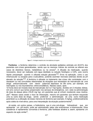 427
Fenitoína: a fenitoína determina o controle da atividade epiléptica anômala em 40-91% dos
pacientes com crises generalizadas, sendo que os menores índices de controle se referem aos
casos de distúrbios tóxicos, metabólicos ou na anoxia1. A diluição da medicação, quando
necessária, dever ser realizada com água destilada ou solução fisiológica a 0,9%, pois ocorre
rápida precipitação quando é utilizada solução glicosada1,5. Erros na aplicação, como o uso
intramuscular ou escapes para o subcutâneo, poderão acarretar necroses extensas devido ao pH
elevado da solução1,5. A fenitoína é utilizada no tratamento das crises não controladas com o
diazepam ou nas convulsões relacionadas às situações que necessitam da manutenção de uma
droga anticonvulsivante com menor potencial depressor do SN como, por exemplo, em
meningites ou nos traumatismos crânio-encefálicos. Nesses casos, após
12 horas deve ser iniciada dose de manutenção de 5 a 7 mg/ kg/dia, dividida em 2 infusões diárias.
Um erro comum que temos presenciado nos serviços de emergência, con- siste na administração
de dose de ataque plena (18-20 mg/ kg), em pacientes que já vinham recebendo essa medica-
ção1. Nesses casos existe o risco de intoxicação, mesmo em pacientes que tenham esquecido
uma ou outra dose da droga, sendo preferível a administração de uma outra medicação
parenteral ou a utilização de doses menores de fenitoína (por exemplo, 5 mg/kg), preferencialmente
após coleta do nível sérico, para uma interpretação da situação posteriormente1.
Já existe, em outros países, a fosfenitoína, que é uma pró-droga, hidrosolúvel, que, por
apresentar um pH neutro, pode ser administrada pelas vias endovenosa e intramuscular. Essa
substância é rapidamente convertida à fenitoína, pela fosfatase alcalina e, assim, apresenta um
espectro de ação similar1.
 
