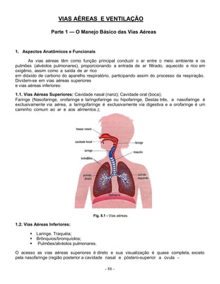 - 88 -
e 1 VIAS AÉREAS E VENTILAÇÃO
Parte 1 — O Manejo Básico das Vias Aéreas
1. Aspectos Anatômicos e Funcionais
As vias aéreas têm como função principal conduzir o ar entre o meio ambiente e os
pulmões (alvéolos pulmonares), proporcionando a entrada de ar filtrado, aquecido e rico em
oxigênio, assim como a saída de ar rico
em dióxido de carbono do aparelho respiratório, participando assim do processo da respiração.
Dividem-se em vias aéreas superiores
e vias aéreas inferiores:
1.1. Vias Aéreas Superiores: Cavidade nasal (nariz); Cavidade oral (boca);
Faringe (Nasofaringe, orofaringe e laringofaringe ou hipofaringe. Destas três, a nasofaringe é
exclusivamente via aérea, a laringofaringe é exclusivamente via digestiva e a orofaringe é um
caminho comum ao ar e aos alimentos.);
Fig. 8.1 - Vias aéreas.
1.2. Vias Aéreas Inferiores:
 Laringe. Traquéia;
 Brônquios/bronquíolos;
 Pulmões/alvéolos pulmonares.
O acesso as vias aéreas superiores é direto e sua visualização é quase completa, exceto
pela nasofaringe (região posterior a cavidade nasal e póstero-superior a úvula -
 
