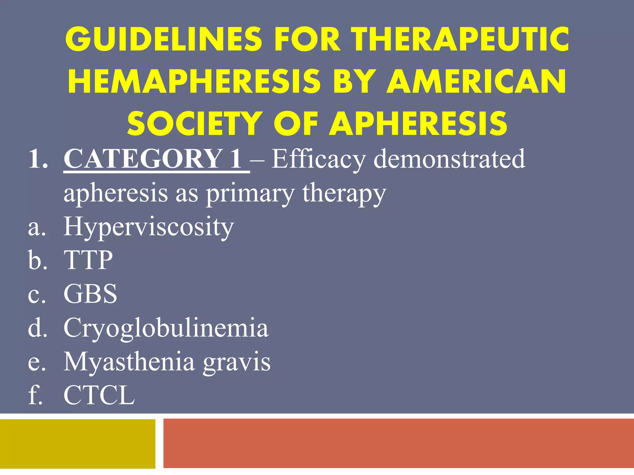 GUIDELINES FOR THERAPEUTIC 
HEMAPHERESIS BY AMERICAN 
SOCIETY OF APHERESIS 
1. CATEGORY 1 – Efficacy demonstrated 
apheresis as primary therapy 
a. Hyperviscosity 
b. TTP 
c. GBS 
d. Cryoglobulinemia 
e. Myasthenia gravis 
f. CTCL 
 