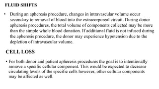 CELL LOSS
• For both donor and patient apheresis procedures the goal is to intentionally
remove a specific cellular component. This would be expected to decrease
circulating levels of the specific cells however, other cellular components
may be affected as well.
FLUID SHIFTS
• During an apheresis procedure, changes in intravascular volume occur
secondary to removal of blood into the extracorporeal circuit. During donor
apheresis procedures, the total volume of components collected may be more
than the simple whole blood donation. If additional fluid is not infused during
the apheresis procedure, the donor may experience hypotension due to the
depletion of intravascular volume.
 