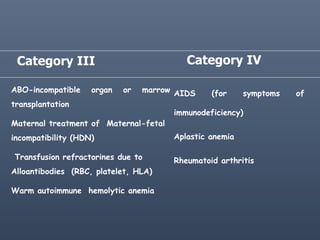 AIDS (for symptoms of
immunodeficiency)
Aplastic anemia
Rheumatoid arthritis
ABO-incompatible organ or marrow
transplantation
Maternal treatment of Maternal-fetal
incompatibility (HDN)
Transfusion refractorines due to
Alloantibodies (RBC, platelet, HLA)
Warm autoimmune hemolytic anemia
Category III Category IV
 