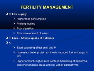 FERTILITY MANAGEMENT
 N: Low supply
 Higher food consumption
 Prolong feeding
 Poor digestion
 Poor development of insect
 P: Lack – Affects uptake of nutrients
 K:
 Exert balancing effect on N and P
 Increased- better protein synthesis -reduced A.A and sugar in
sap
 Higher amount- higher silica content- hardening of epidermis,
sclerenchymatous tissue and cell wall of parenchyma
 