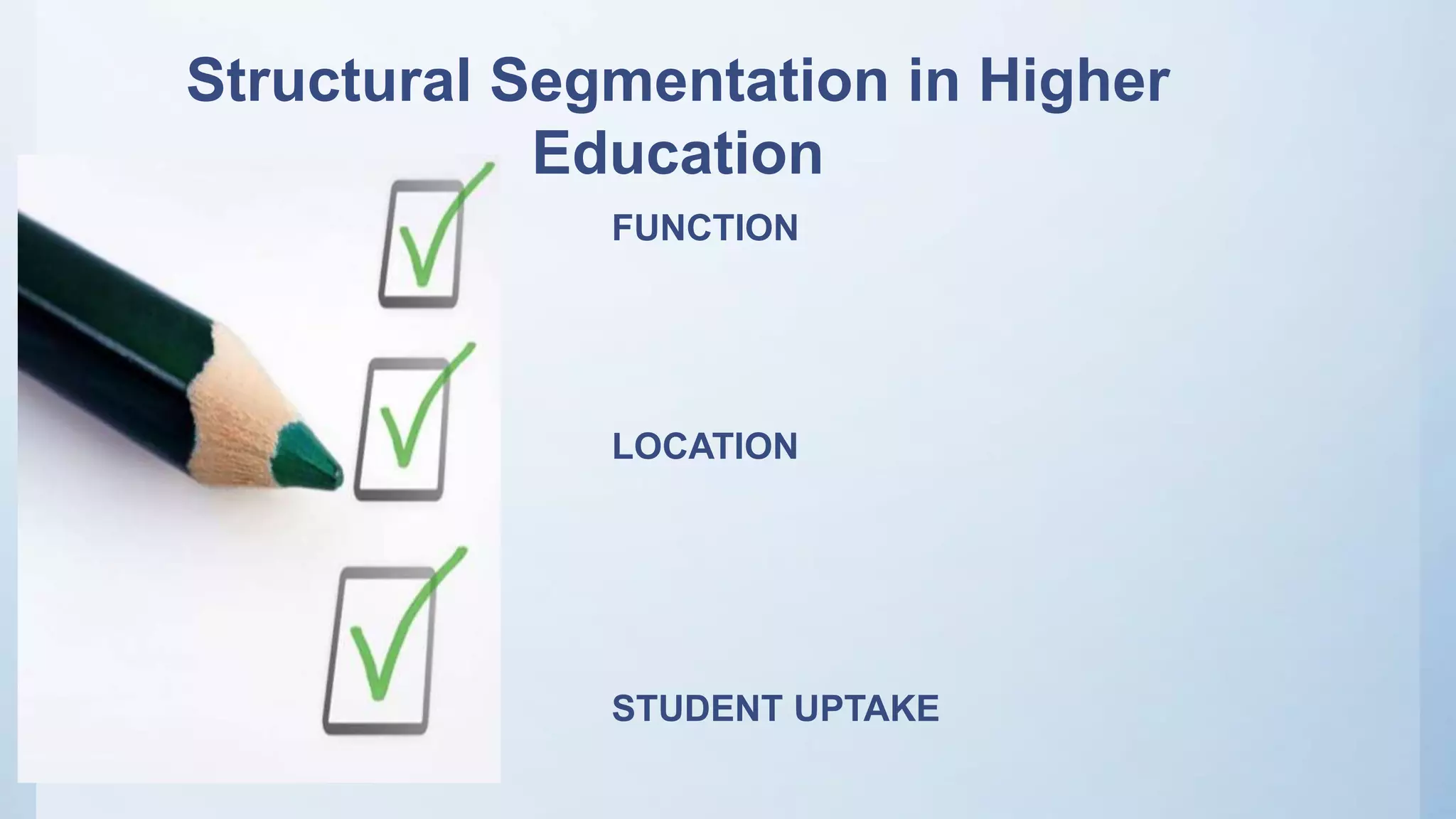 FUNCTION
LOCATION
STUDENT UPTAKE
Structural Segmentation in Higher
Education
 