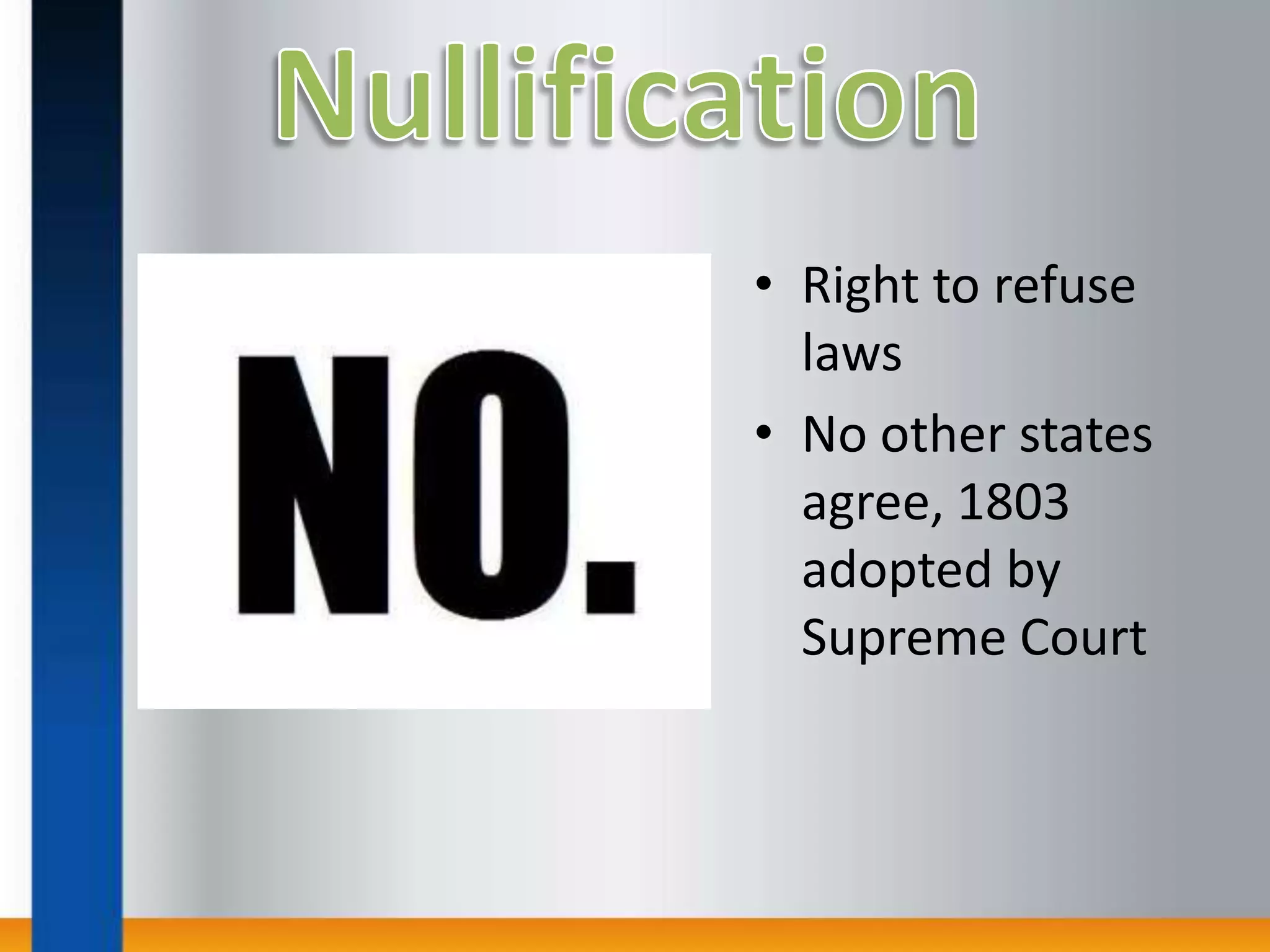 NullificationRight to refuse lawsNo other states agree, 1803 adopted by Supreme Court