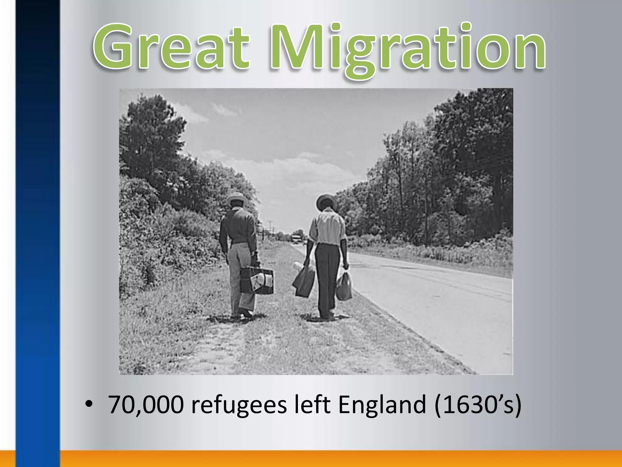Great Migration70,000 refugees left England (1630’s)