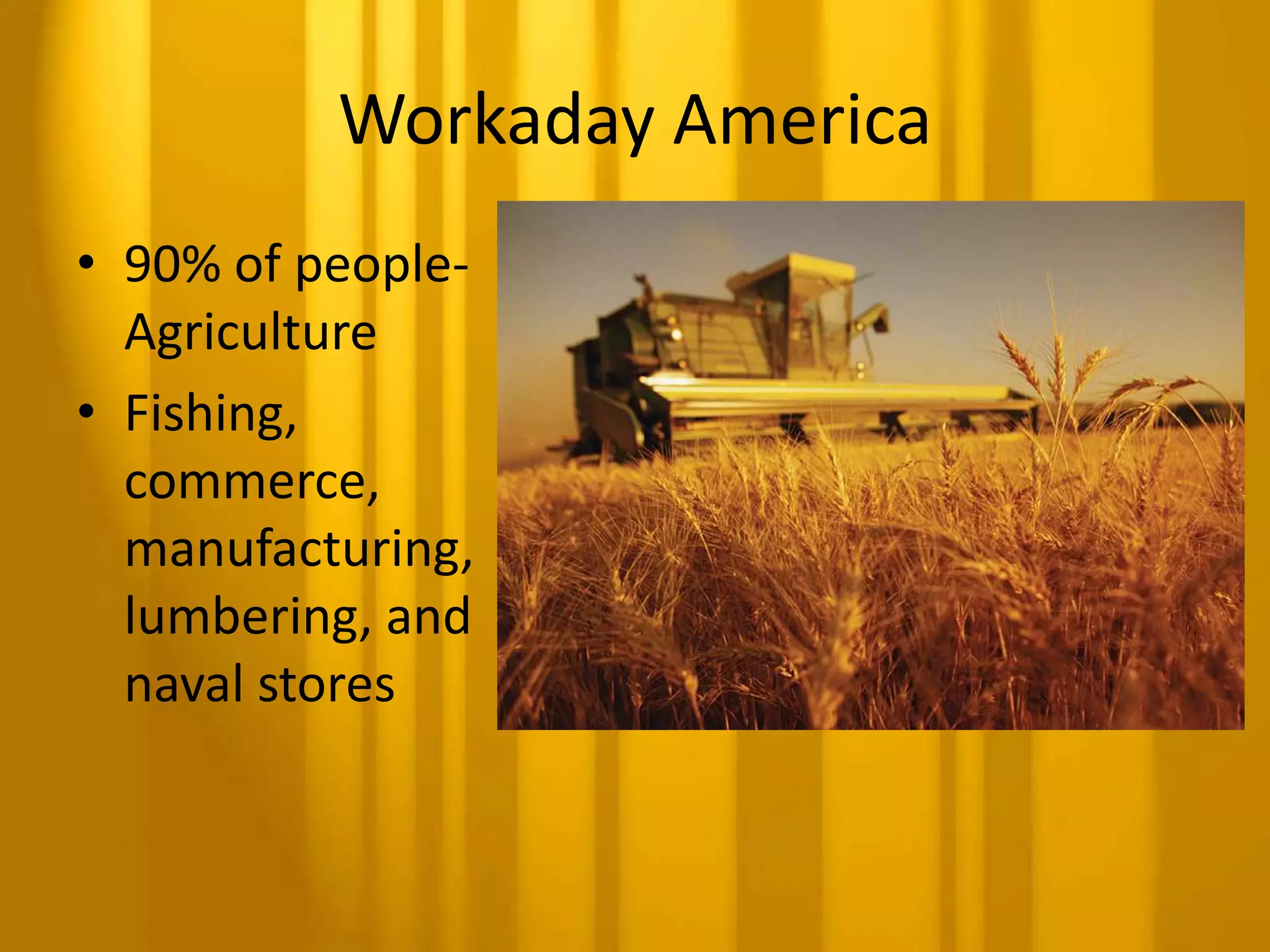 Workaday America90% of people- AgricultureFishing, commerce, manufacturing, lumbering, and naval stores