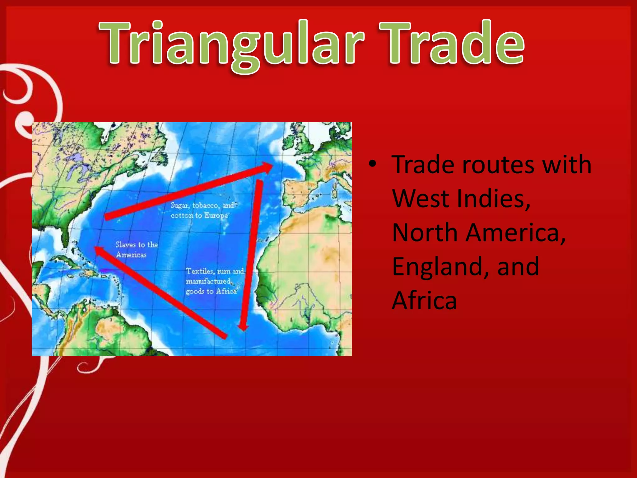 Triangular TradeTrade routes with West Indies, North America, England, and Africa