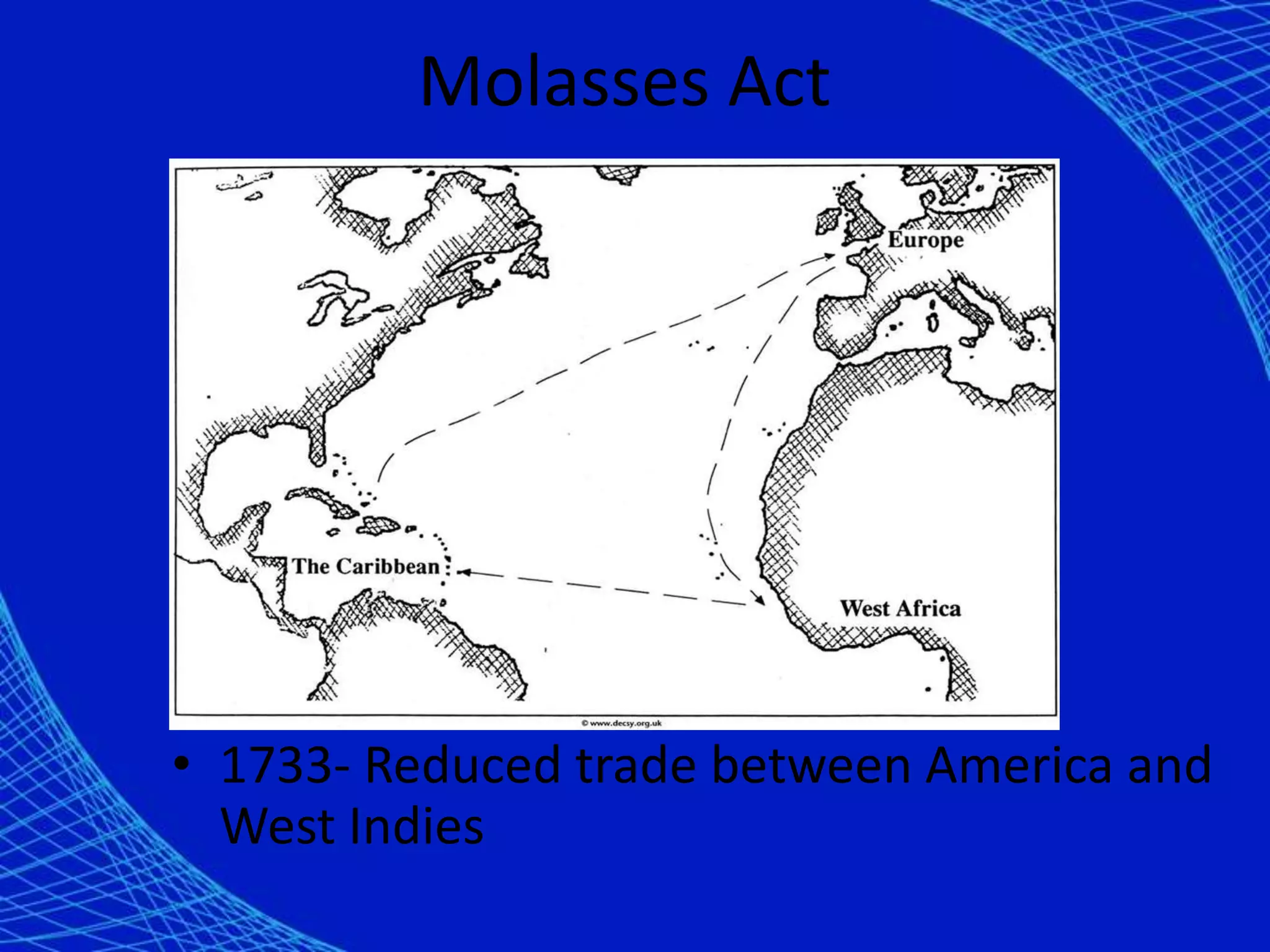 Molasses Act1733- Reduced trade between America and West Indies
