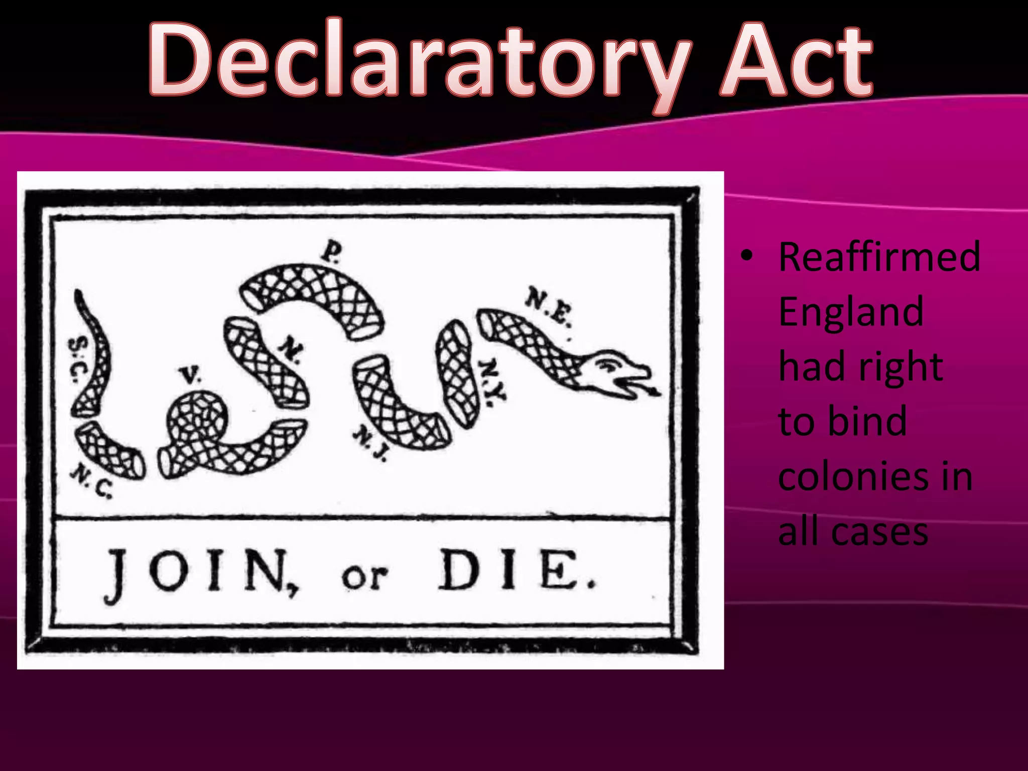 Declaratory ActReaffirmed England had right to bind colonies in all cases