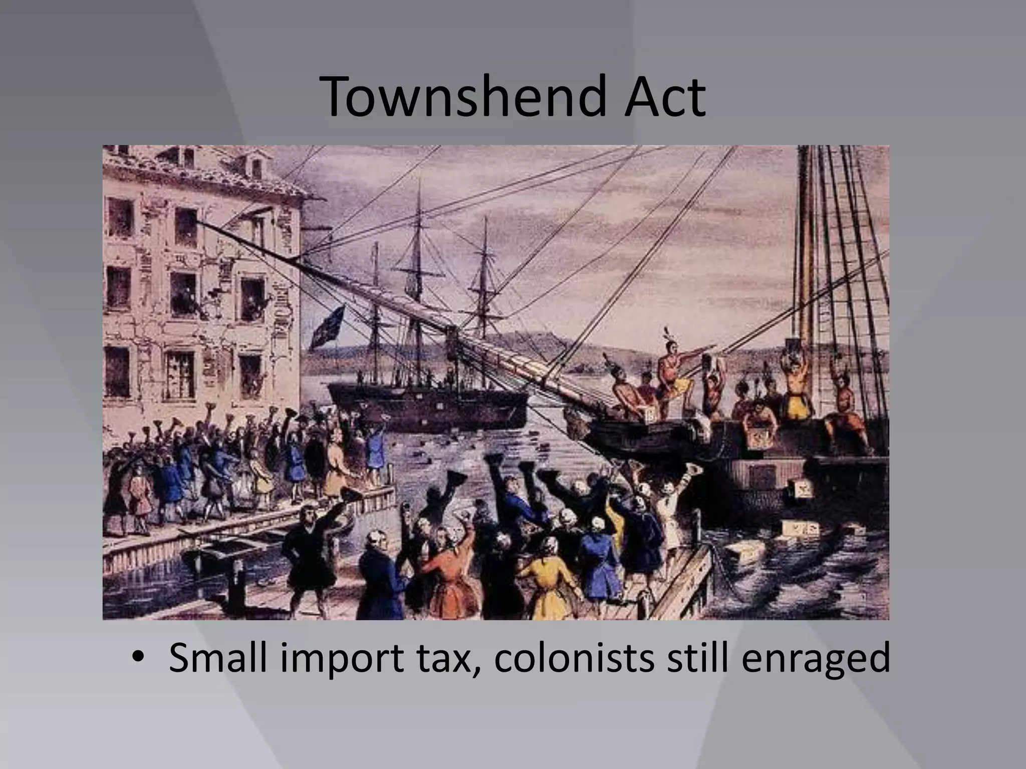 Townshend ActSmall import tax, colonists still enraged