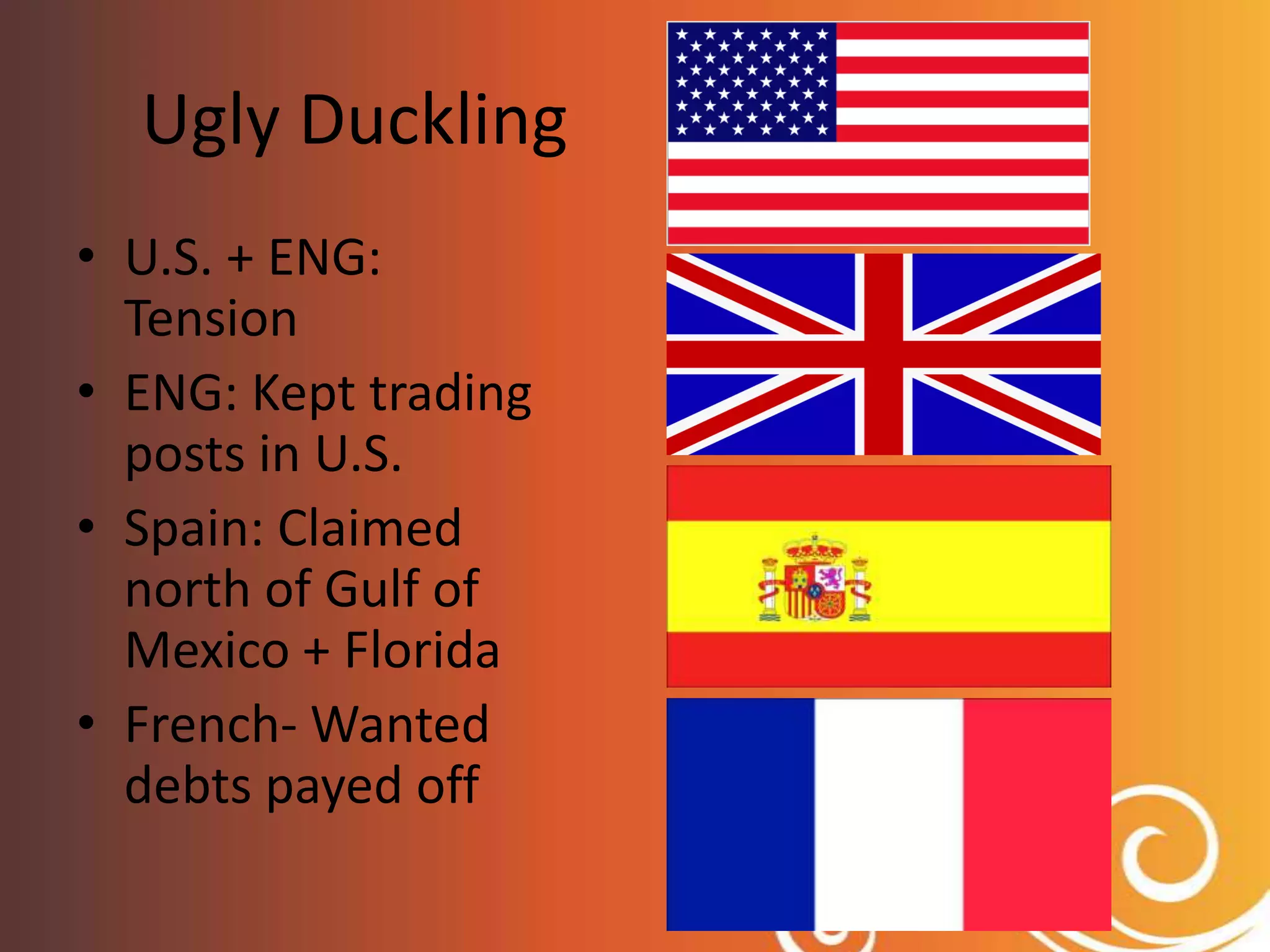 Ugly DucklingU.S. + ENG: TensionENG: Kept trading posts in U.S.Spain: Claimed north of Gulf of Mexico + FloridaFrench- Wanted debts payed off
