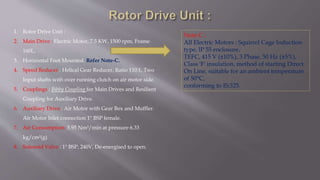 1. Rotor Drive Unit :
2. Main Drive : Electric Motor, 7.5 KW, 1500 rpm, Frame
160L,
3. Horizontal Foot Mounted. Refer Note-C.
4. Speed Reducer : Helical Gear Reducer, Ratio 110:1, Two
Input shafts with over running clutch on air motor side.
5. Couplings : Bibby Coupling for Main Drives and Resilient
Coupling for Auxiliary Drive.
6. Auxiliary Drive : Air Motor with Gear Box and Muffler.
Air Motor Inlet connection 1" BSP female.
7. Air Consumption: 5.95 Nm³/min at pressure 6.33
kg/cm²(g).
8. Solenoid Valve : 1" BSP, 240V, De-energised to open.
Note C :
All Electric Motors : Squirrel Cage Induction
type, lP 55 enclosure,
TEFC, 415 V (±10%), 3 Phase, 50 Hz (±5%),
Class 'F' insulation, method of starting Direct
On Line, suitable for an ambient temperature
of 50°C,
conforming to IS:325.
 