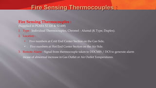 Fire Sensing Thermocouples :
(Supplied in PGMA 52 220 & 52 600)
1. Type : Individual Thermocouples, Chromel - Alumal (K Type, Duplex).
2. Location :
• Five numbers at Cold End Center Section on the Gas Side,
• Five numbers at Hot End Center Section on the Air Side.
3. Remote Alarm : Signal from thermocouple taken to DDCMIS / DCS to generate alarm
incase of abnormal increase in Gas Outlet or Air Outlet Temperatures.
 