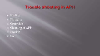  Fouling
 Plugging
 Corrosion
 Cleaning of APH
 Erosion
 fire
 