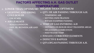  LOWER THAN OPTIMUM
 LIGHTING AND FIRING
COLD BOILER
 USE SCAPH
 AIR LEAKAGE
 SEALS CONDITON
 DIFF. PR. BETWEEN AIR AND
F.G
 HIGHER THAN OPTIMUM
 QTY. OF AIR PASSING THROUGH A.H.
 TEMPERING AIR
 SETTING INFILTRATION
 BYPASS DAMPERS PASSING
 TEMP.OF GAS ENTERING A.H
 DEPOSITS ON BOILER HEAT TRANSFER AREAS
 DELAYED/SY.COMBUSTION
 FEED WATER TEMP
 FOULED / CORRODED ELEMENTS
 DEFECTIVE BAFFLES
 QTY.OFGAS PASSING THROUGH A.H.
 