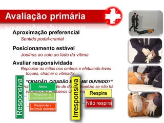 Aproximação preferencial
Posicionamento estável
Avaliar responsividade
Repousar as mãos nos ombros e efetuando leves
toques, chamar o vitimado:
““CIDADÃO, CIDADÃO ESTÁ ME OUVINDO?”CIDADÃO, CIDADÃO ESTÁ ME OUVINDO?”
Promovendo estimulo de dor no trapézio se não há
resposta aos primeiros chamamentos.
Sentido podal-cranial
Joelhos ao solo ao lado da vítima
 
