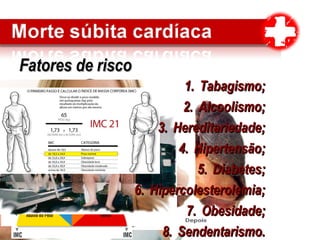Fatores de riscoFatores de risco
1.1. Tabagismo;Tabagismo;
2.2. Alcoolismo;Alcoolismo;
3.3. Hereditariedade;Hereditariedade;
4.4. Hipertensão;Hipertensão;
5.5. Diabetes;Diabetes;
6.6. Hipercolesterolemia;Hipercolesterolemia;
7.7. Obesidade;Obesidade;
8.8. Sendentarismo.Sendentarismo.
 