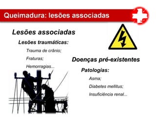 Lesões associadas
Lesões traumáticas:
Trauma de crânio;
Fraturas;
Hemorragias...
Patologias:
Asma;
Diabetes mellitus;
Insuficiência renal...
Doenças pré-existentesDoenças pré-existentes
 