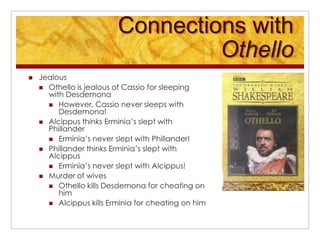 Connections with OthelloJealousOthello is jealous of Cassio for sleeping with DesdemonaHowever, Cassio never sleeps with Desdemona!Alcippus thinks Erminia’s slept with PhillanderErminia’s never slept with Phillander!Phillander thinks Erminia’s slept with AlcippusErminia’s never slept with Alcippus!Murder of wivesOthello kills Desdemona for cheating on himAlcippus kills Erminia for cheating on him