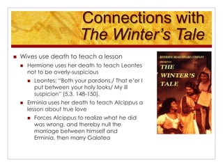 Connections withThe Winter’s TaleWives use death to teach a lessonHermione uses her death to teach Leontes not to be overly-suspiciousLeontes: “Both your pardons,/ That e’er I put between your holy looks/ My ill suspicion” (5.3. 148-150).Erminia uses her death to teach Alcippus a lesson about true loveForces Alcippus to realize what he did was wrong, and thereby null the marriage between himself and Erminia, then marry Galatea