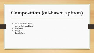 Composition (oil-based aphron)
• oil or synthetic fluid
• clay or Polymer Blend
• Surfactant
• Water
• Emulsifiers
 