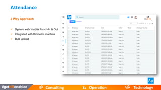 3 Way Approach
 System web/ mobile Punch-In & Out
 Integrated with Biometric machine
 Bulk upload
Attendance
 