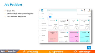  Create Jobs
 Advertise/ Post Jobs to external portal
 Track Interview & Applicant
Job Positions
 