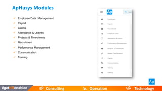 Employee Data Management
 Payroll
 Claims
 Attendance & Leaves
 Projects & Timesheets
 Recruitment
 Performance Management
 Communication
 Training
ApHusys Modules
 