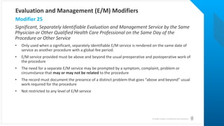 © Health Catalyst. Confidential and Proprietary.
Significant, Separately Identifiable Evaluation and Management Service by the Same
Physician or Other Qualified Health Care Professional on the Same Day of the
Procedure or Other Service
• Only used when a significant, separately identifiable E/M service is rendered on the same date of
service as another procedure with a global-fee period.
• E/M service provided must be above and beyond the usual preoperative and postoperative work of
the procedure
• The need for a separate E/M service may be prompted by a symptom, complaint, problem or
circumstance that may or may not be related to the procedure
• The record must document the presence of a distinct problem that goes “above and beyond” usual
work required for the procedure
• Not restricted to any level of E/M service
Modifier 25
Evaluation and Management (E/M) Modifiers
 
