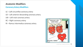 © Health Catalyst. Confidential and Proprietary.
LC – Left circumflex coronary artery
LD – Left anterior descending coronary artery
LM – Left main coronary artery
RC – Right coronary artery
RI – Ramus intermedius coronary artery
Coronary Artery Modifiers
Anatomic Modifiers
 