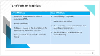 © Health Catalyst. Confidential and Proprietary.
Level I Modifiers Level II Modifiers
• Developed by the American Medical
Association (AMA)
• Numeric modifiers
• Indicates a change in the description of the
code without a change in meaning
• See Appendix A of CPT book for complete
listing
• Developed by CMS (HCFA)
• Alpha-numeric modifiers
• Used to explain various circumstances that
apply to provided services
• See Appendix B of HCPCS Manual for
complete listing
Brief Facts on Modifiers
 