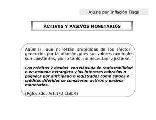 Ajuste por Inflación Fiscal


         ACTIVOS Y PASIVOS MONETARIOS




Aquellas que no están protegidas de los efectos
generados por la inflación, pues sus valores nominales
son constantes, por lo tanto, no necesitan ajustarse.

Los créditos y deudas con cláusula de reajustabilidad
o en moneda extranjera y los intereses cobrados o
pagados por anticipado o registrados como cargos o
créditos diferidos se consideran activos y pasivos
monetarios.

(Pgfo. 2do. Art.173 LISLR)
 