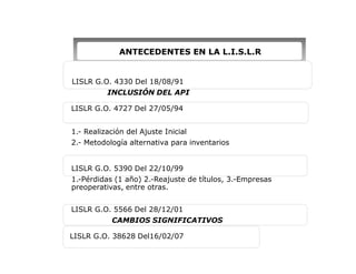 ANTECEDENTES EN LA L.I.S.L.R


LISLR G.O. 4330 Del 18/08/91
          INCLUSIÓN DEL API

LISLR G.O. 4727 Del 27/05/94


1.- Realización del Ajuste Inicial
2.- Metodología alternativa para inventarios


LISLR G.O. 5390 Del 22/10/99
1.-Pérdidas (1 año) 2.-Reajuste de títulos, 3.-Empresas
preoperativas, entre otras.


LISLR G.O. 5566 Del 28/12/01
           CAMBIOS SIGNIFICATIVOS

LISLR G.O. 38628 Del16/02/07
 
