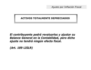 Ajuste por Inflación Fiscal



       ACTIVOS TOTALMENTE DEPRECIADOS




El contribuyente podrá revaluarlos y ajustar su
Balance General en la Contabilidad, pero dicho
ajuste no tendrá ningún efecto fiscal.

(Art. 189 LISLR)
 
