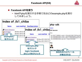 Facebook API(5/8)


           l  Facebook APIを使う
                -  example.phpのappId,secretを以下のように編集して保存
                   下さい。
           ・・・なんか書いてある。ここはいじらない。・・・

           require '../src/facebook.php';

           //ここ数値は、このアプリのIDが334993866548043で、
           //このアプリのパスワードが9a185006487e4f063059f26f2aa32859
           //ということを意味しています。（アプリによって異なります）
           $facebook = new Facebook(array(
               'appId'             => '334993866548043',
             'secret' => '9a185006487e4f063059f26f2aa32859',
           ));

           ・・・なんか色々書いてある。ここはいじらない。・・・

                                                                             10	


Copyright (c) 2012 Toshiyuki Tanaka & Jun Chiba All rights reserved .	
 