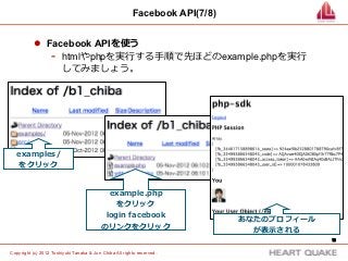Facebook API(7/8)


           l  Facebook APIを使う
                -  htmlやphpを実⾏行行する⼿手順で先ほどのexample.phpを実⾏行行
                   してみましょう。




   examples/
    をクリック


                                            example.php
                                              をクリック
                                           login  facebook
                                                                             あなたのプロフィール
                                          のリンクをクリック
                                                                               が表⽰示される
                                                                                          13	


Copyright (c) 2012 Toshiyuki Tanaka & Jun Chiba All rights reserved .	
 