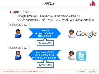 API(2/3)


           l  簡単にいうと・・・
               -  GoogleやYahoo、Facebook、Twitterなどの既存の
                　システムの機能や、データベースにアクセスするための仕組み 　 　
           あなたのプログラム


                                                        この予定を
                                                     Googleカレンダーに
                                                       登録しておいて


                                                           Google  API

           あなたのプログラム

                                                  #zeroprmっていう
                                                 ハッシュタグがついた
                                                ツイートを２０件ちょうだい


                                                           Twitter  API
                                                                               4	


Copyright (c) 2012 Toshiyuki Tanaka & Jun Chiba All rights reserved .	
 