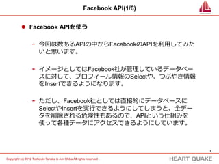Facebook API(1/8)


           l  Facebook APIを使う

                   -    今回は数あるAPIの中からFacebookのAPIを利利⽤用してみた
                        いと思います。

                   -    イメージとしてはFacebook社が管理理しているデータベー
                        スに対して、プロフィール情報の取得や、つぶやき情報を
                        登録できるようになります。

                   -    ただし、Facebook社としては直接的にデータベースに命
                        令令を実⾏行行できるようにしてしまうと、全データを削除され
                        る危険性もあるので、APIという仕組みを使って各種デー
                        タにアクセスできるようにしています。



                                                                             6	


Copyright (c) 2012 Toshiyuki Tanaka & Jun Chiba All rights reserved .	
 