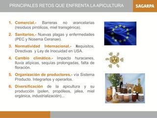 PRINCIPALES RETOS QUE ENFRENTA LA APICULTURA


1. Comercial.- Barreras no arancelarias
   (residuos pirrólicos, miel transgénica).
2. Sanitarios.- Nuevas plagas y enfermedades
   (PEC y Nosema Ceranae).
3. Normatividad Internacional.- Requisitos,
   Directivas y Ley de Inocuidad en USA.
4. Cambio climático.- Impacto huracanes,
   lluvia atípicas, sequías prolongadas, falta de
   floración.
5. Organización de productores.- vía Sistema
   Producto. Integrarlos y operarlos.
6. Diversificación de la apicultura y su
   producción (polen, propóleos, jalea, miel
   orgánica, industrialización)...
 