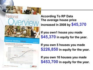 According To RP Data The average house price increased in 2008 by  $45,370 If you own1 house you made  $45,370  in equity for the year. If you own 5 houses you made  $226,850  in equity for the year. If you own 10 houses you made $453,700  in equity for the year. 