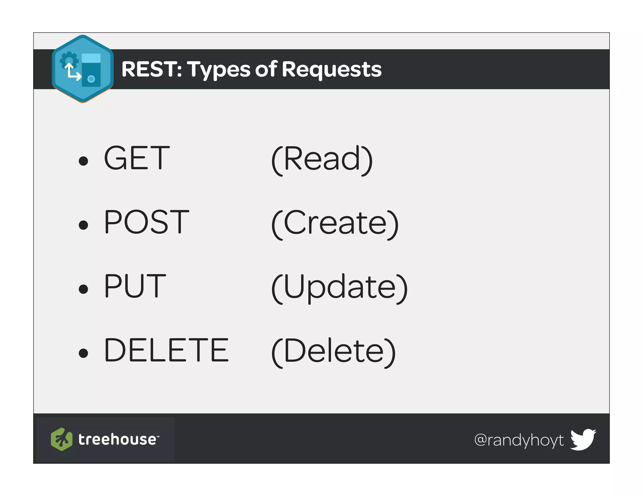 REST: Types of Requests



• GET          (Read)
• POST         (Create)
• PUT          (Update)
• DELETE       (Delete)

                            @randyhoyt
 
