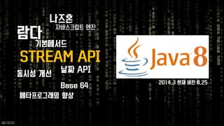 나즈혼 
람다 
기본메서드 
STREAM API 
날짜API 
동시성개선 
Base 64 
메타프로그래밍향상 
자바스크립트엔진 
2014.3현재버전8.25 09:18:25 
 